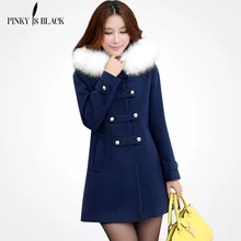 Мизинец черный Осень Зима Женское шерстяное пальто Верхняя одежда Женский Тренч средней длины милый элегантный меховой воротник Повседневная куртка