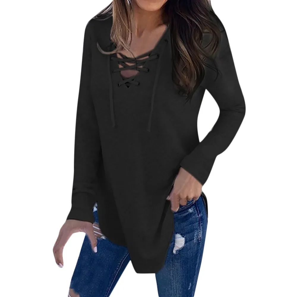 Женская футболка с v-образным вырезом и длинным рукавом, осенняя однотонная черная футболка, удобные женские топы Topy damskie#15