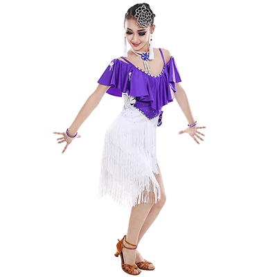 Детская girllatin Танцы платье Женская пикантная бахрома; бахромчатые, бальные сальсы, ча-ча, Румба танцевальные костюмы для самбы для сцены конкуренции - Цвет: purple-white