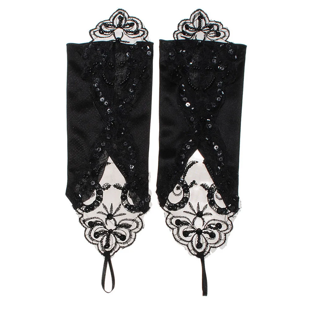 

Hot Sale Fashion Lace Long Gloves Black Beading Stretch Fingerless Embroidered Gloves Retro Gothic