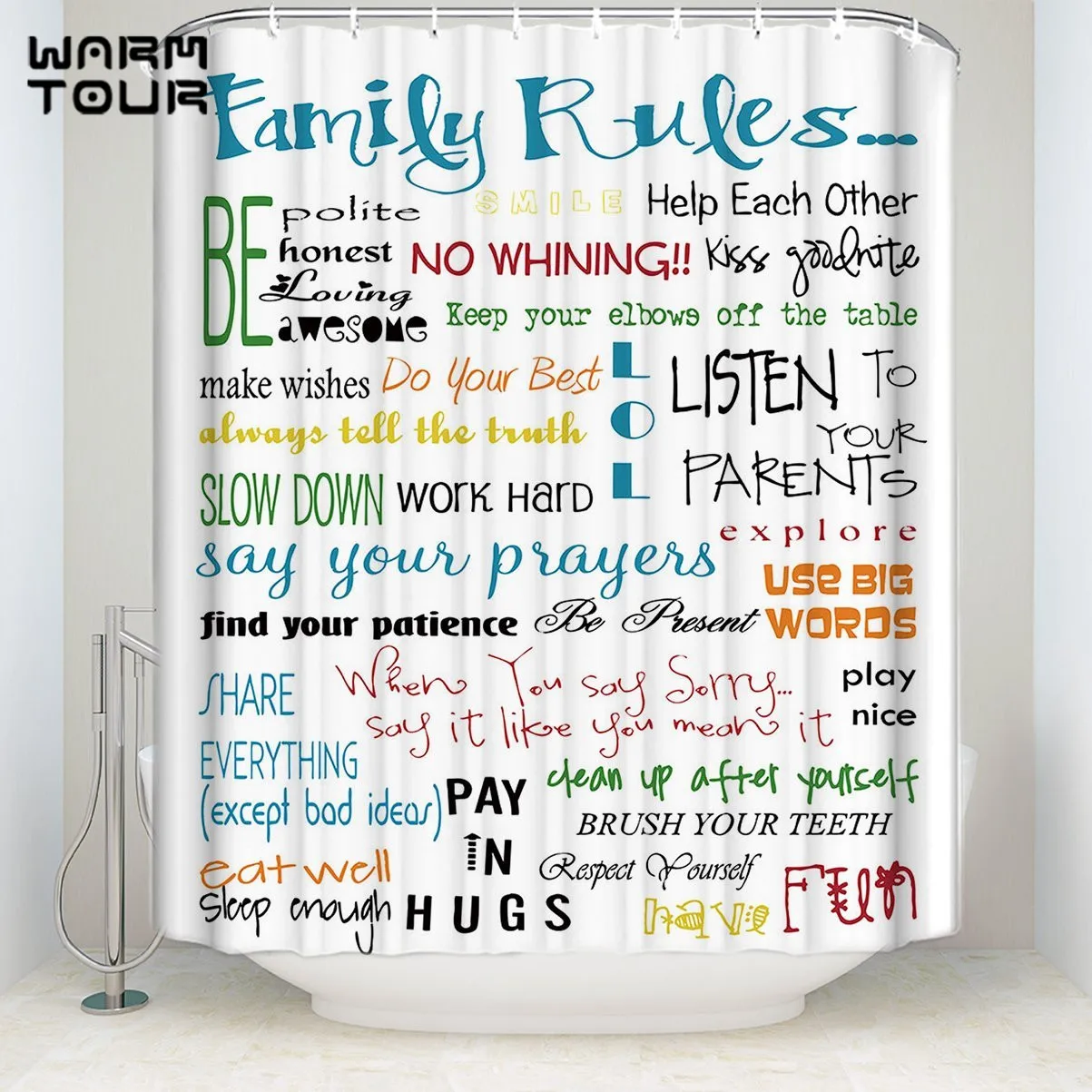 Bath Shower Curtains Stylish Custom Family Rules Mildew resistant Bathroom Decor Sets with Hooks