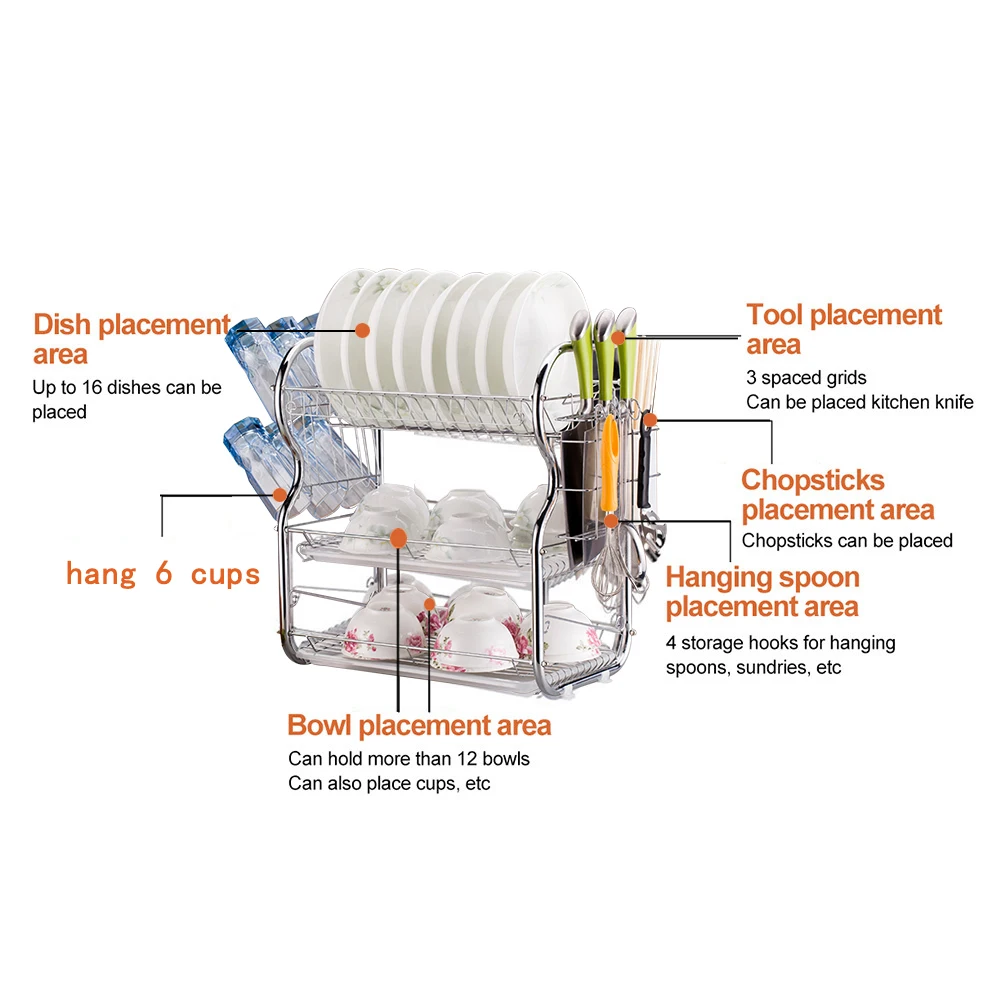 Сушки три-Слои Хромированная Пластина дренажная стойка Кухня стеллаж для хранения с дренажная панель столовые приборы: чашки блюдо стеллажи для выставки товаров 3-х уровневая Dishrack