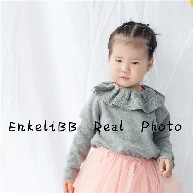 EnkeliBB Cute Solid Ruffle Collar Sweater Kid Winter Warm Sweater Toddler Girls Korea Style Long Sleeve Crochet Tops
