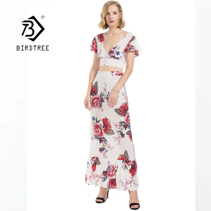 

New Woman Backless Two-Piece Set Maxi Dress V-Neck Bind High Waist Sexy Vintage Vestidos Elegant Floral Print Feminina D8D517Z