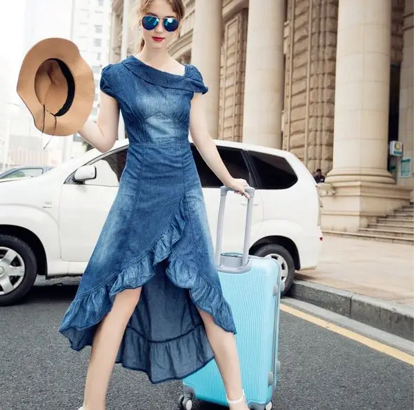 2018 NEW Jeans Dress Women maxi jean Summer Long Denim Dress mermaid ruffle Bohenim Vestido Female fishtail Jeans Dress LT015