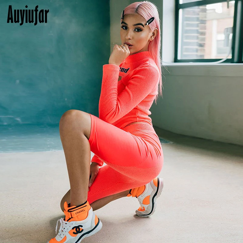 

Auyiufar Neon Fashion 2 Piece Set Women Hollow Out Letter Print Ribbed Tracksuit Long Sleeve Bodysuit And Biker Shorts Sets Slim