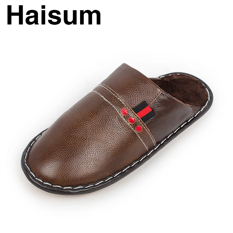 

Men 's Slippers Winter genuine Leather Home Indoor Non - Slip Thermal Slippers 2018 New Hot Haisum Tb017