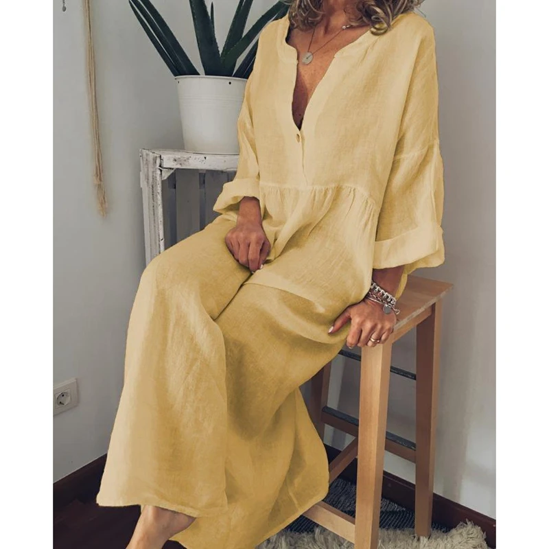 

LASPERAL New Cotton Solid Women Dress Casual V Neck Mujer Dresses Long Sleeve Sundress Maxi Beach Dress Plus Size Sexy Vestido