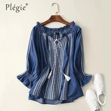 Plegie Embroidery Denim Shirt Women Floral Vintage Jeans Blouses Casual Fashion Female Autumn Top Vintage Long Sleeve Blusas