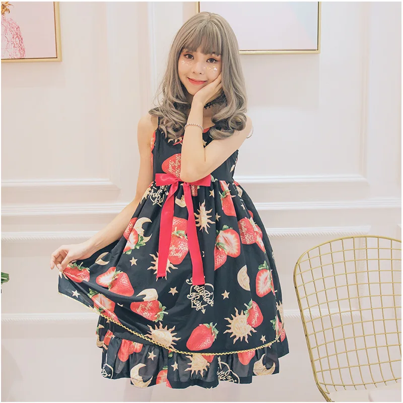 Kawaii клубника Ангел сарафан Лолита Принцесса платье без рукавов сладкое женское платье Высокая талия с бантом платье на бретельках