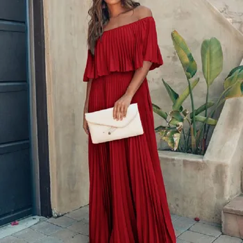 

CHGOISIO 2019 New Summer Women Dress Formal Off Should Solid Layered Evening Party Short Sleeve Pleated Dress Robe Femme 19jun19