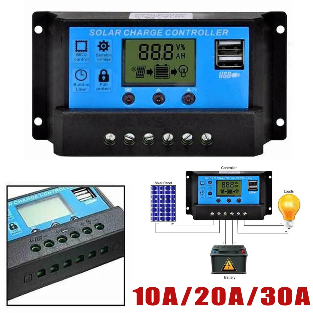 10A; 20A; 30A lcd солнечная панель регулятор заряда батареи контроллер двойной USB инструмент