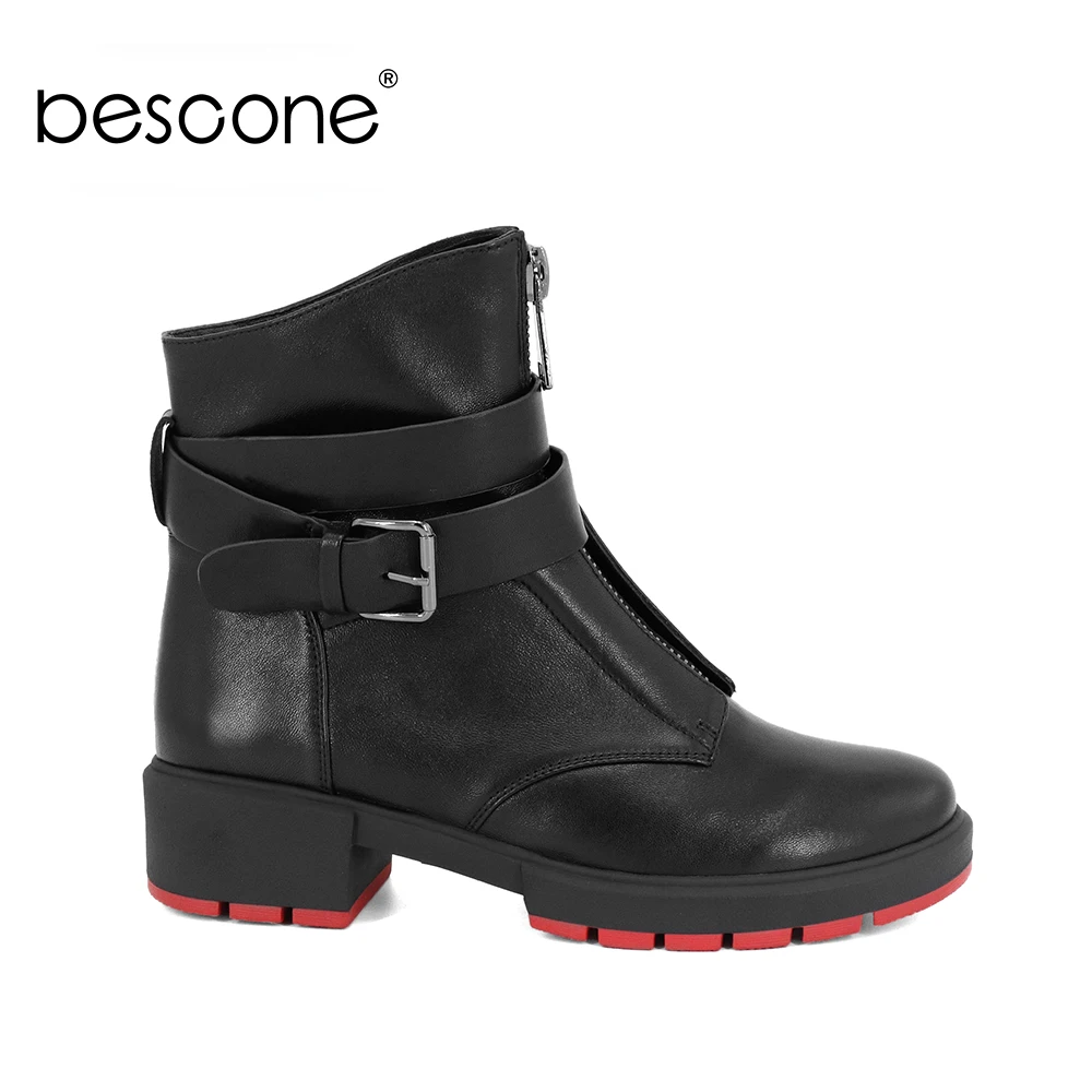 Talons Fermeture Chaussures Véritable Décontracté Bottines De Bescone Confortable À Cuir M46 Sangle Glissière Bout Bas Rond Boucle Dame En Carré Black Bottes 7Yqx7wvF