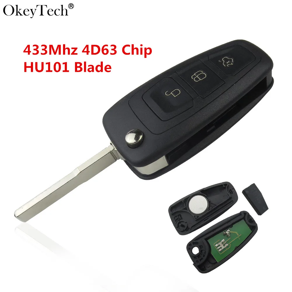 

Okeytech New 3 Button Smart Flip Remote Car Key For Ford Focus Mk1 Mondeo Transit Fiesta Key 433Mhz HU101 Blade With 4D63 Chip