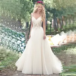 Robe de mariage 2017 элегантный слоновой кости Тюль трапециевидной формы дешевые свадебные платья без рукавов V Назад Свадебное платье с