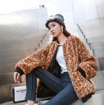 

Leopard Fur Coats For Womens Loose Fake Rabbit Fur Winter Autumn Warm Womens Fake Fur Clothes S/Xl Man-Made Fur Jacket K972