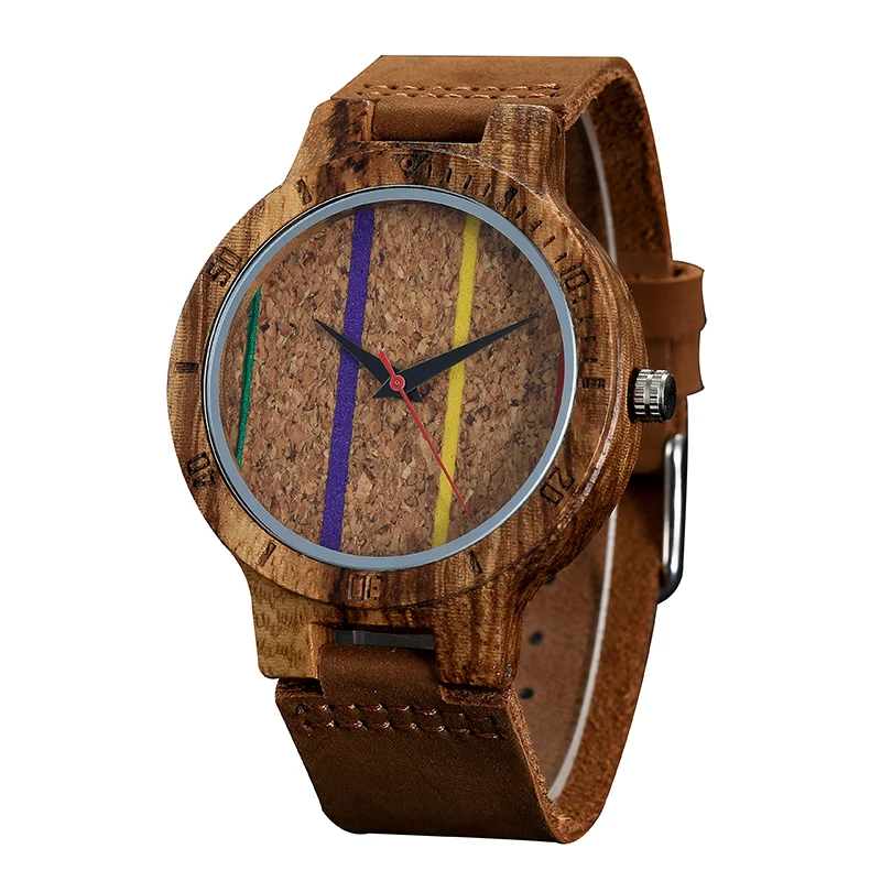 

Colorful Stripe Cork Watch Wood wood Wristwatch Mens Women Wrist Quartz Watch Men Ladies Leather Strap Watches Valentine's Day