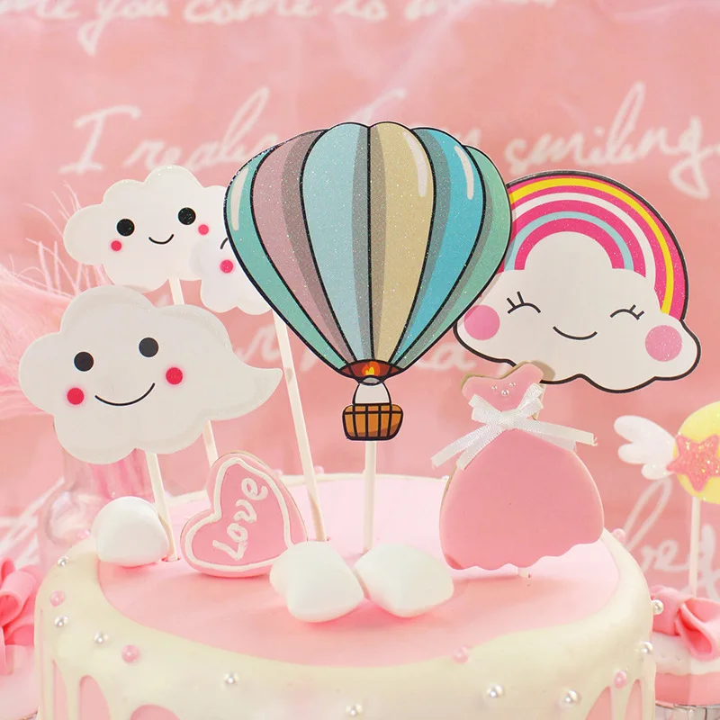 20sets Cake Toppers Rainbow Clouds Hot-air Balloon Flags Kids Birthday Cupcake Topper Wedding Bride Party Baby Shower Baking DIY