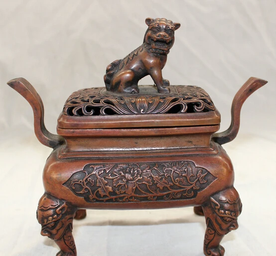

bi001733 Folk Chinese Bronze Foo Fu Dog Lion Head Statue Flower Incense Burner Censer