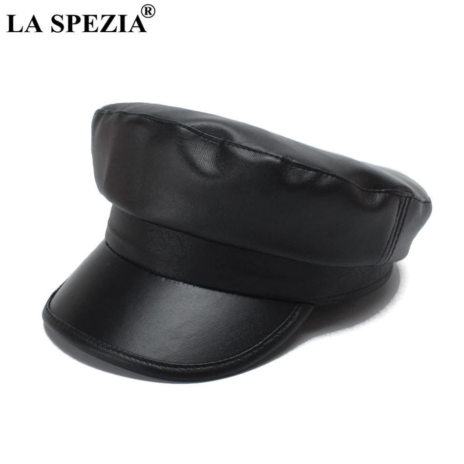 

LA SPEZIA 2019 Military Cap Women Leather Army Cap Black Casual Captains Hat Duckbill Ivy Ladies Solid Autumn Winter Sailor Hats