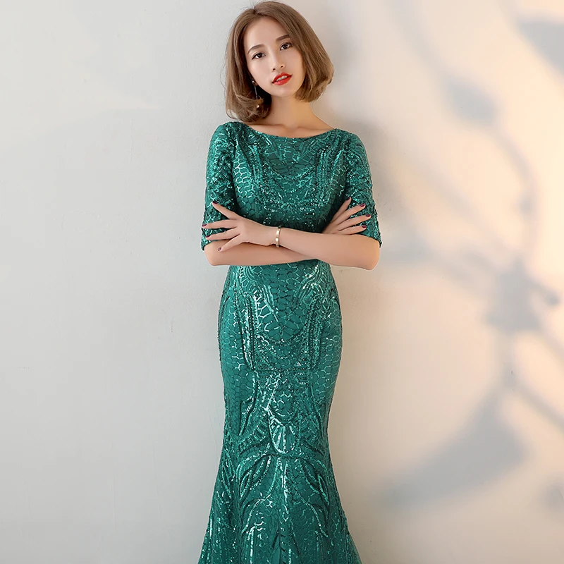 PotN'Patio Half Sleeves Green Evening Dresses Long O-neck Backless Sequin Mermaid Prom Dresses 2018 Special Occasion Dresses