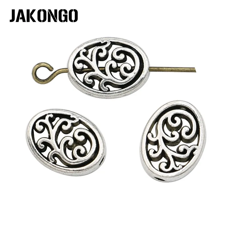 

JAKONGO 20pcs Antique Silver Flower Oval Spacer Beads for Jewelry Making Bracelet Accessories DIY Handmade Craft 12x10mm