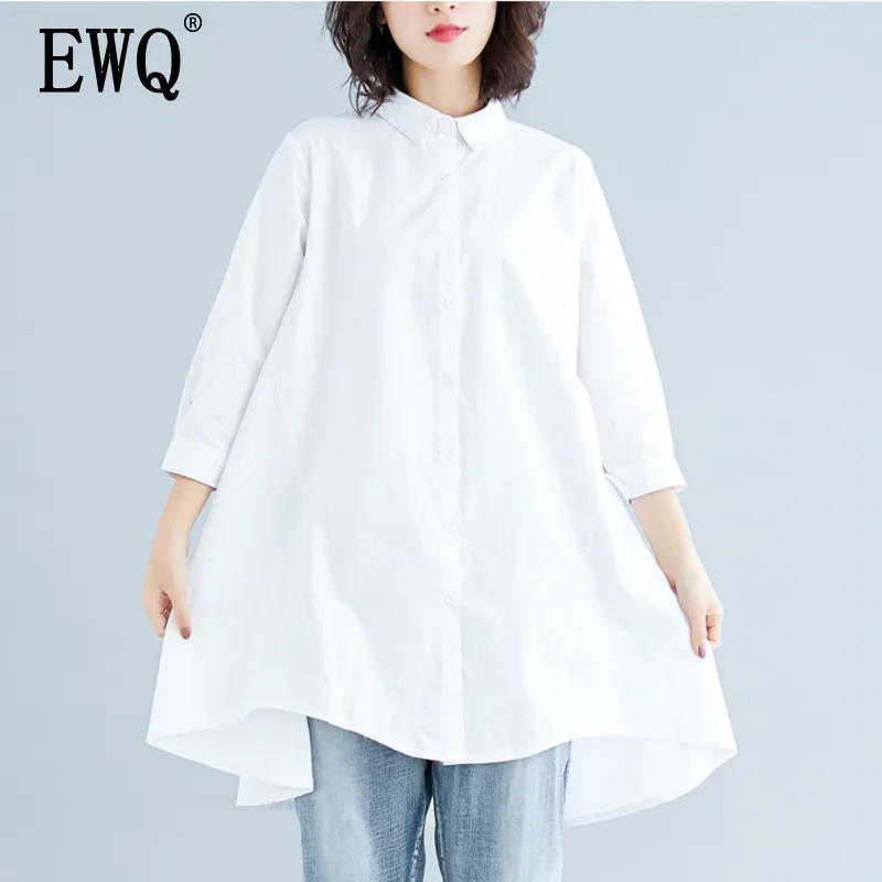

[EWQ] Spring Summer 2019 New Style Lapel Three Quarter Sleeve Solid Single Breasted Casual White Shirt Dress Women AD46701