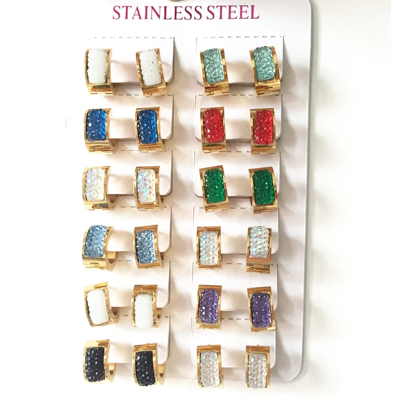 Hot selling 13mm 7mm New 12 color Hoops crystal Earrings For Women 316L Stainless Steel Earring