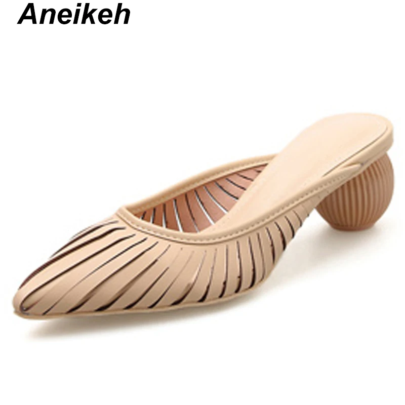 

Aneikeh 2019 Retro PU Summer Slippers Women Solid Pointed Toe Women's Shoes Strange Style High Heel Outside Black Yellow Apricot