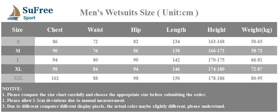 Hisea 3mm Neoprene Men Diving Suit One-piece Long-sleeve Wetsuits Long Pants Surfing Snorkeling Suits Swimwear size chart