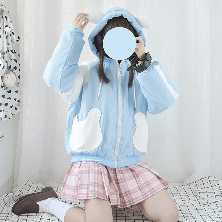 

Cute Bear Pockets Ear Pattern Lolita Coat Japanese Women Winter Autumn Long Sleeve Outerwear Girls Student Cotton Padded Jacket