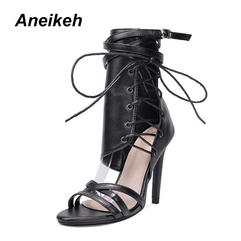 Aneikeh/обувь с пряжкой на ремешке в римском стиле женские сандалии сексуальный Гладиатор на шнуровке сандалии с открытым носком женские ботильоны на высоком каблуке черный цвет; Aprict