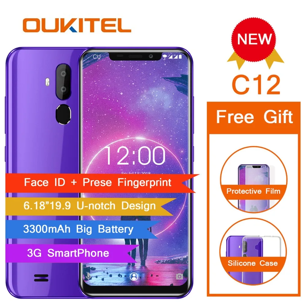 

OUKITEL C12 Face ID 6.18" 19:9 Smartphone Fingerprint Android 8.1 Mobile Phone MT6580 Quad Core 2G RAM 16G ROM 3300mAh Unlock