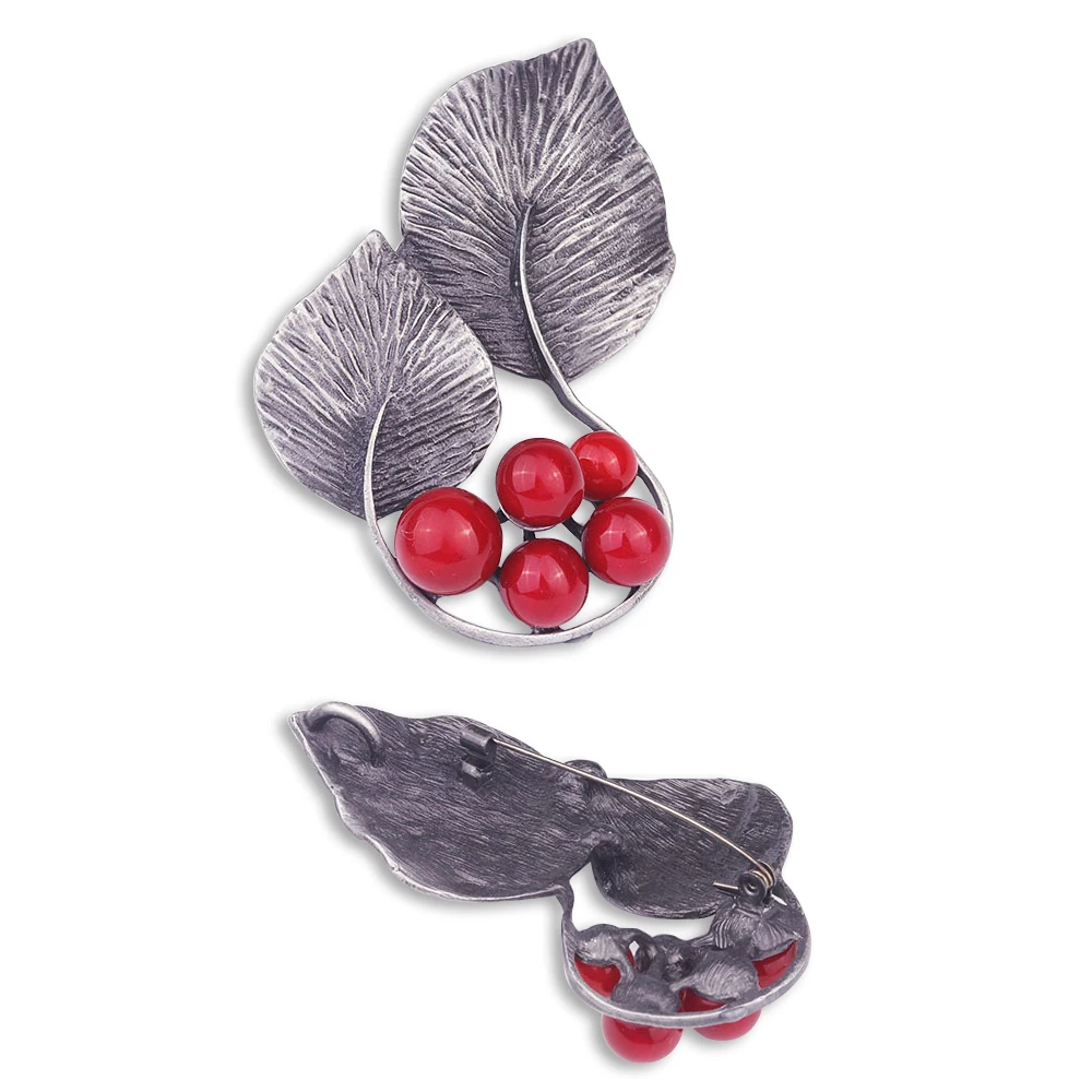 

Vintage Style Leaf Shape Brooches & Pin Neon Red Beads Charm Collar Brooch Pins Women Accessories Simple Brooch Fashion Jewelry