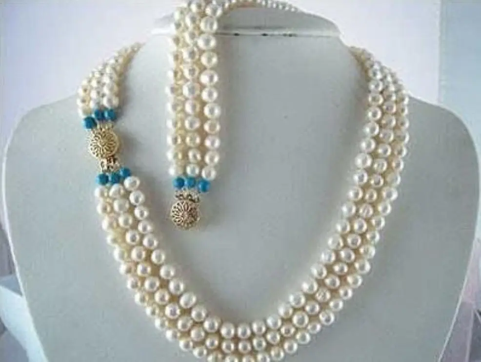 

7-8MM 3 row WHITE FW PEARL NECKLACE +BRACELET SET^^^@^Noble style Natural Fine jewe FREE SHIPPING