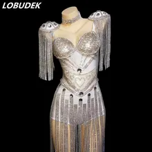 Блестящие белые стразы, кисточки, погоны, боди, сексуальный Модный женский певец, одежда для сцены, ночной клуб, танцор, группа, DJ танцевальный костюм