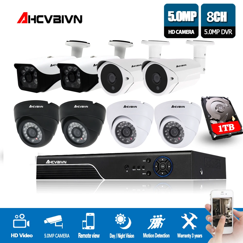 

H.265 5MP CCTV System 8CH DVR kit 8Pcs 5MP low illumination Camera indoor Outdoor Dome AHD CCTV Camera System XMeye Remote View