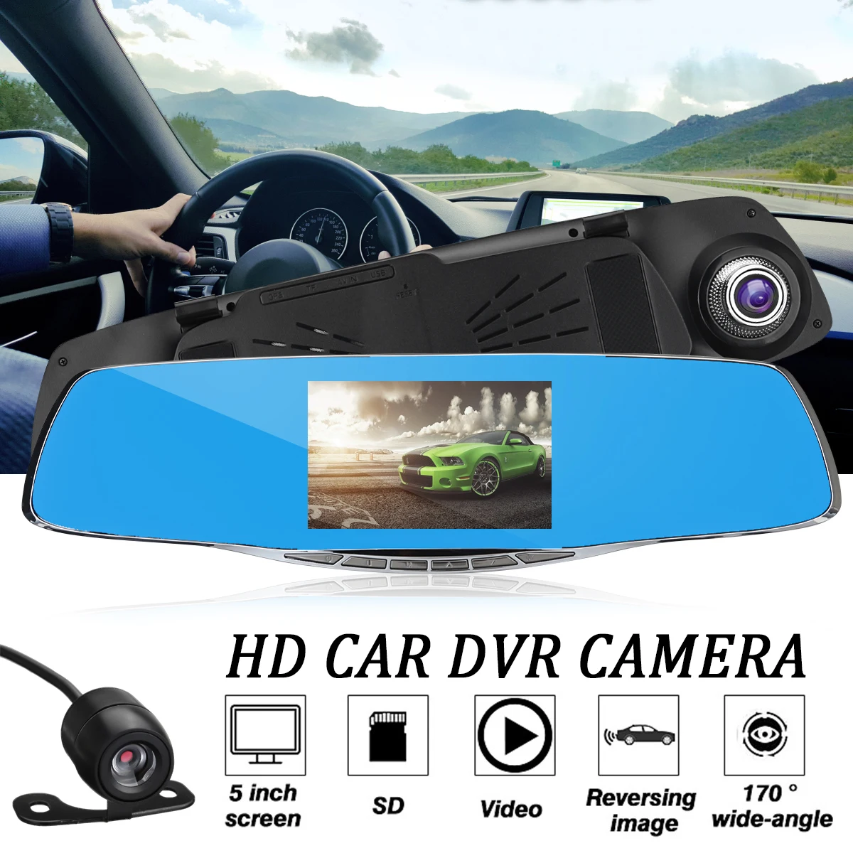 

5 HD 1080P Car DVR Mirror Dual Lens Video Recorder Dash Cam Camcorder + Parking Rearview Mirror Camera Night Vision