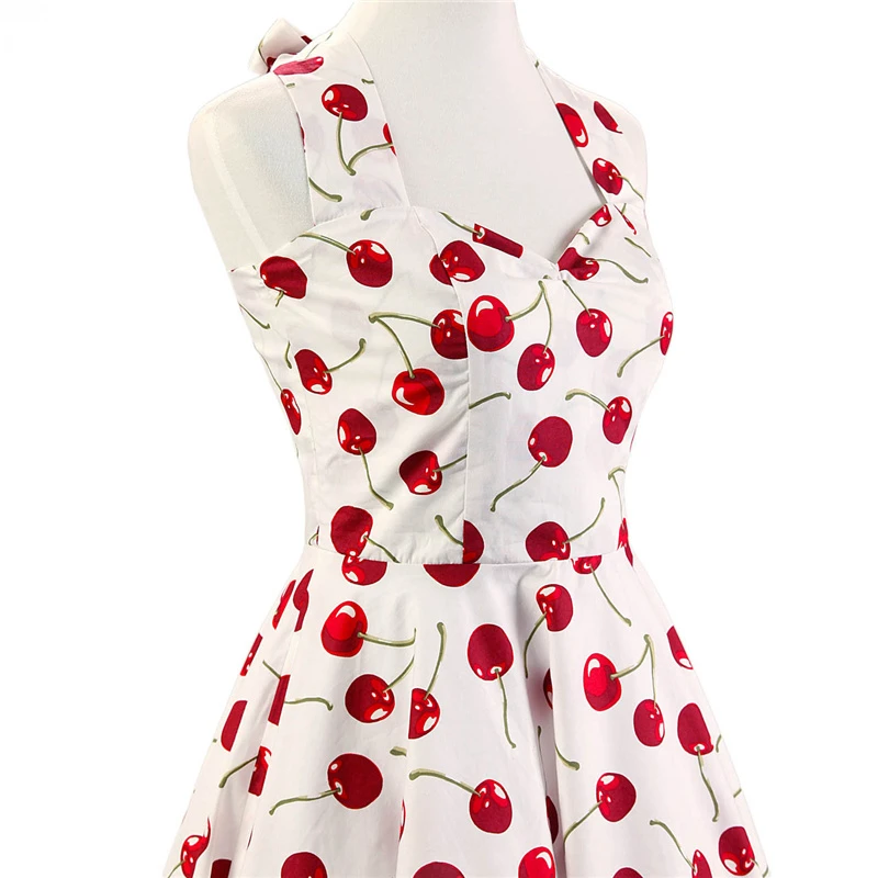 Kostlish 1950s Hepburn Style Women Summer Dress Cotton Halter Cherry Print Vintage Dress Women 2017 Tunic Party Dresses Sundress (6)