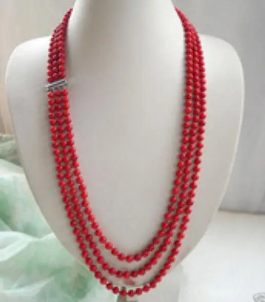

Beautiful 6-7mm 3 row red coral necklace Factory Wholesale price Women Gift word Jewelry