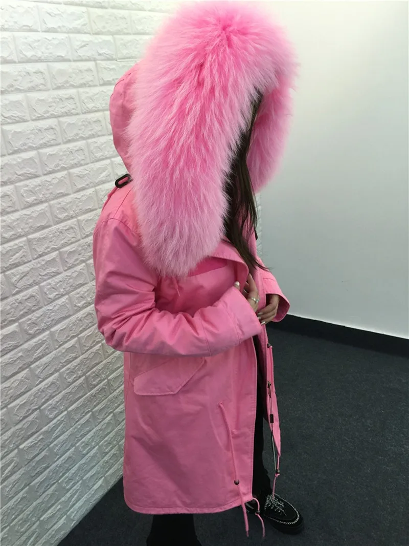 Furlove Women Winter Parkas Large Real Raccon Fur Parka Pink Faux Fur Liner Thickening Long Jacket Overcoat