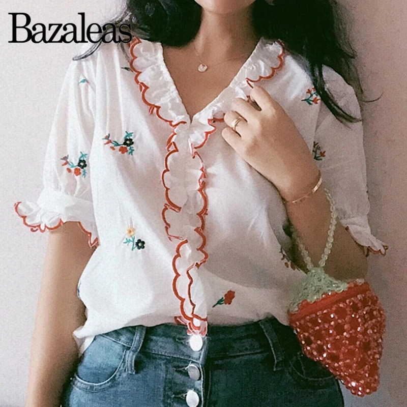 Bazaleas винтажные хлопковые блузки с цветочной вышивкой французские оборки на
