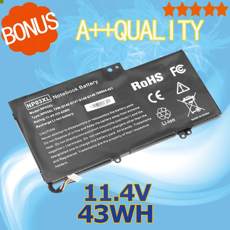 

11.4v 43WH Laptop Battery for HP TPN-Q147 TPN-Q148 TPN-Q149 NP03XL TPN-Q146 760944-421 HSTNN-LB6L for Pavilion X360 13-A010DX