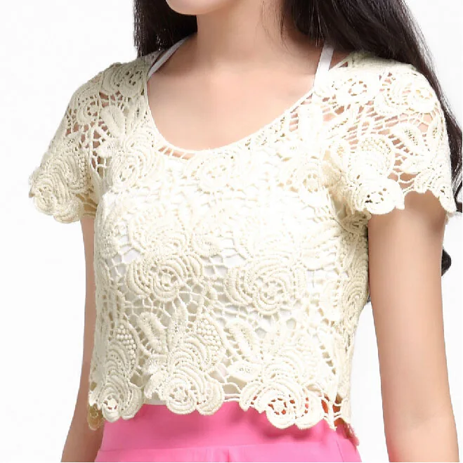 S XL Plus Size Crochet Pullovers Women Fashion Solid Short Sleeve Lace