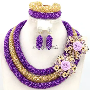 

Trendy Nigerian Wedding African Beads Jewelry Set Purple Gold Crystal Bridal Beads Jewelry Set 2015 Hot Free Shipping AMJ324