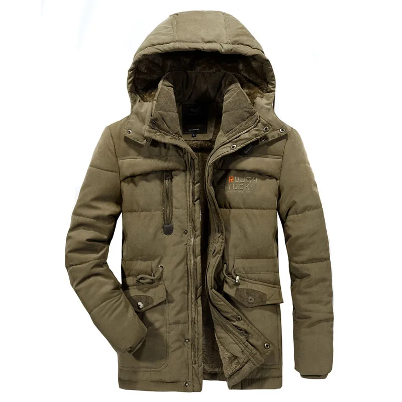 Мужская зимняя куртка размера плюс, Толстая теплая парка, флис, мех, с капюшоном, военная куртка, шерстяная подкладка, пальто, мужская верхняя одежда, ветровка - Цвет: Khaki