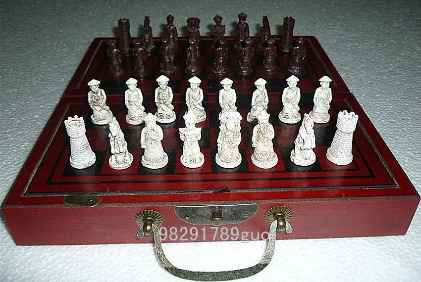 Chinese Army Style 32 Pieces Chess Set Leather Wood Box AAA 