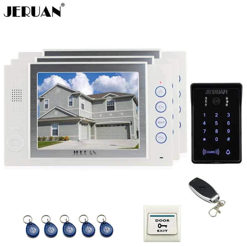 JERUAN 8`` video door phone Recording intercom system 3 monitor New RFID waterproof Touch Key password keypad camera 8G SD Card