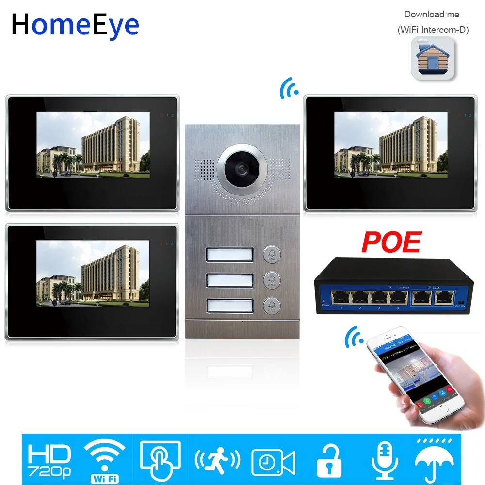 Система управления доступом к двери для 3 семьи 720P 7 дюймов Wi Fi IP видеодомофон
