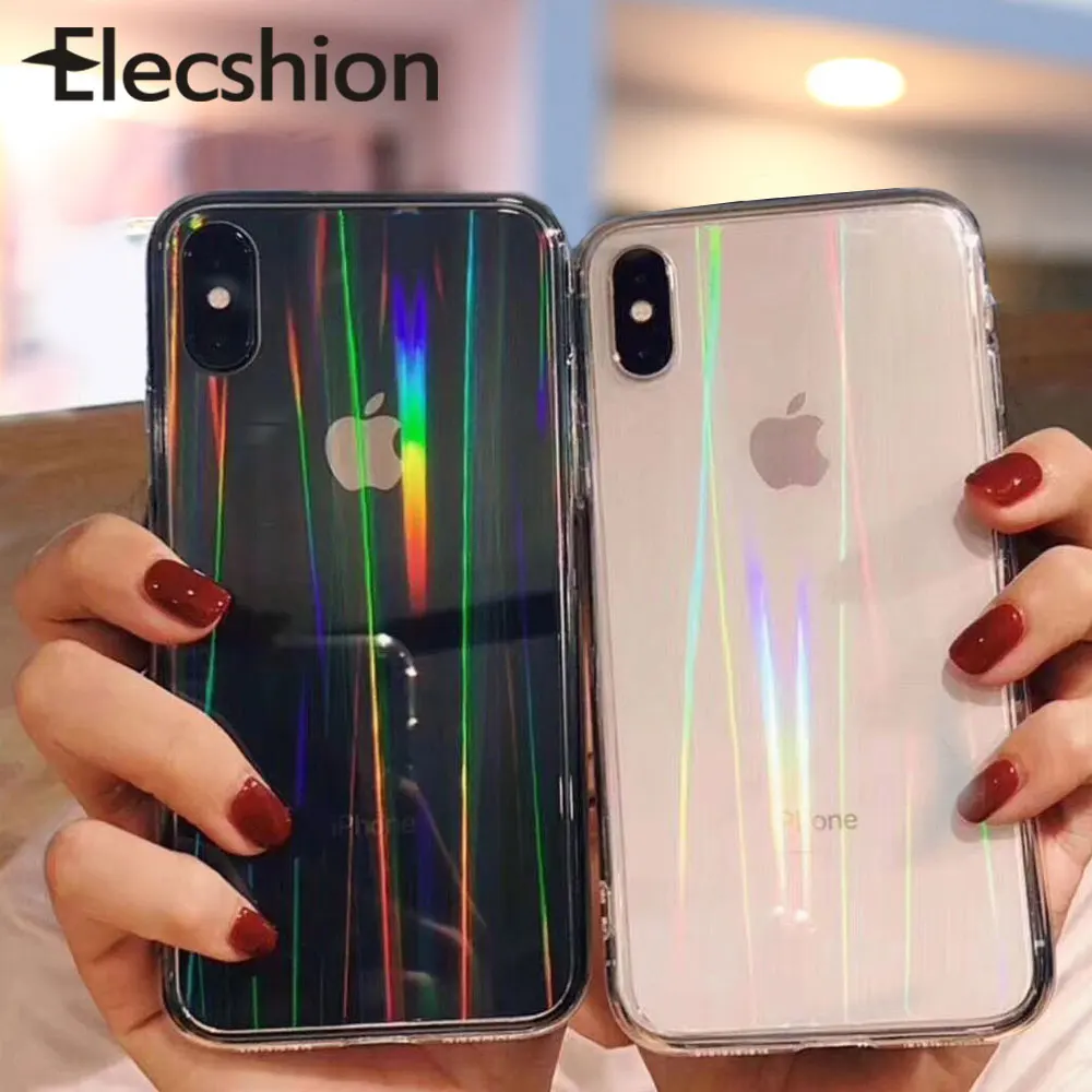 Elecshion градиентные Чехлы для iPhone 7 8 X XS Max Радужный Капа акриловые чехлы для iPhone Xr 8 7 6s 11 pro Прозрачный лазерный чехол